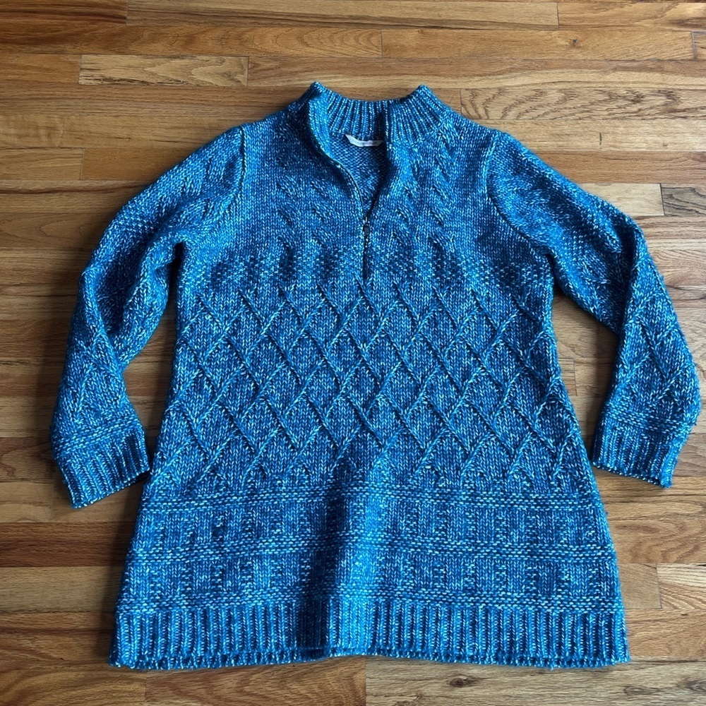 SOFT SURROUNDINGS Cable Knit Half Zip Tunic Sweater Blue